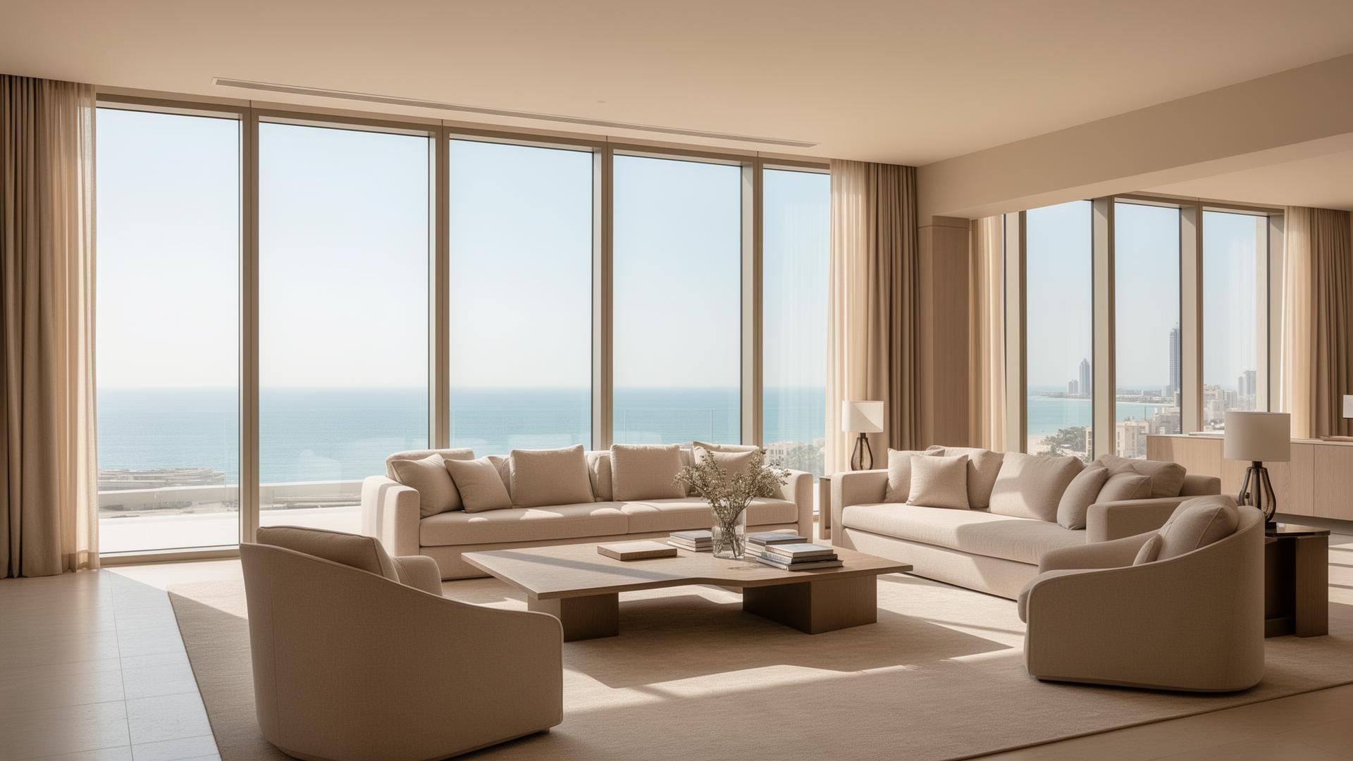 Interieur van een luxe appartement in Abu Dhabi met zicht op de Arabische Golf