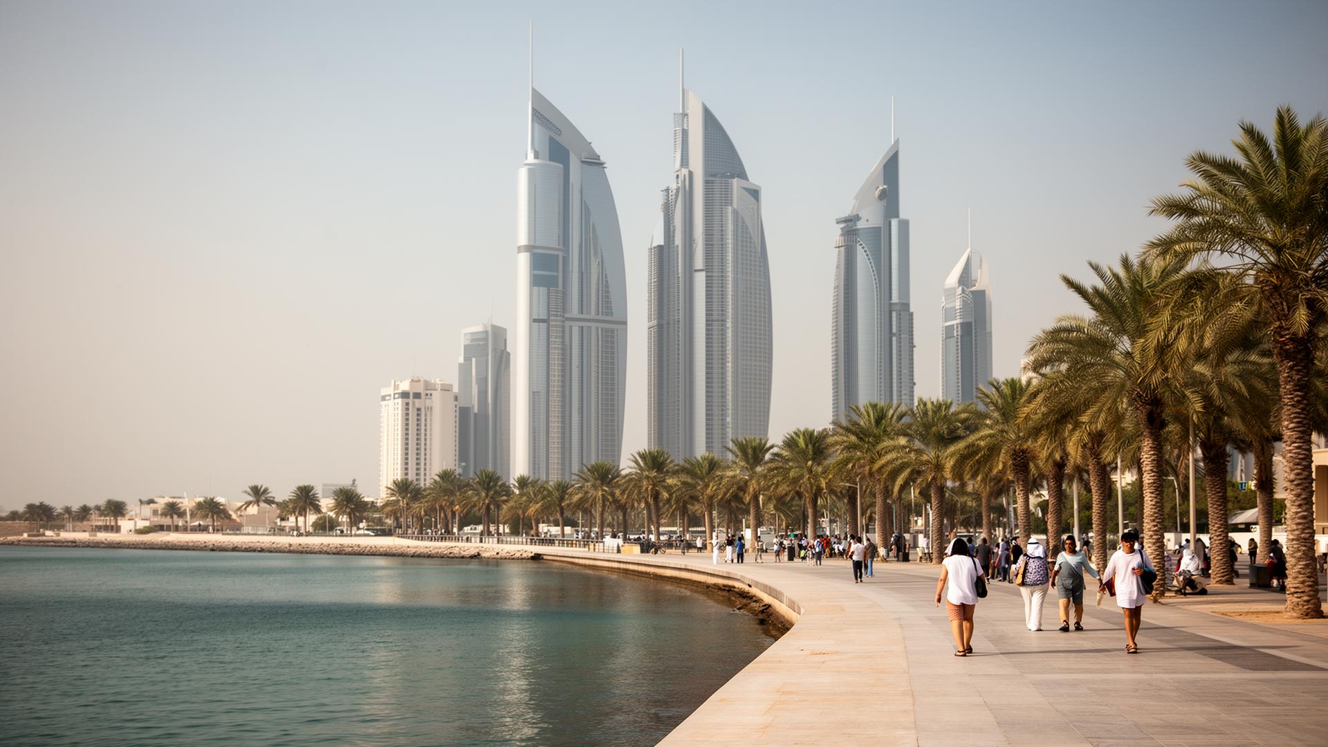 Abu Dhabi Corniche met skyline en palmbomen langs de boulevard