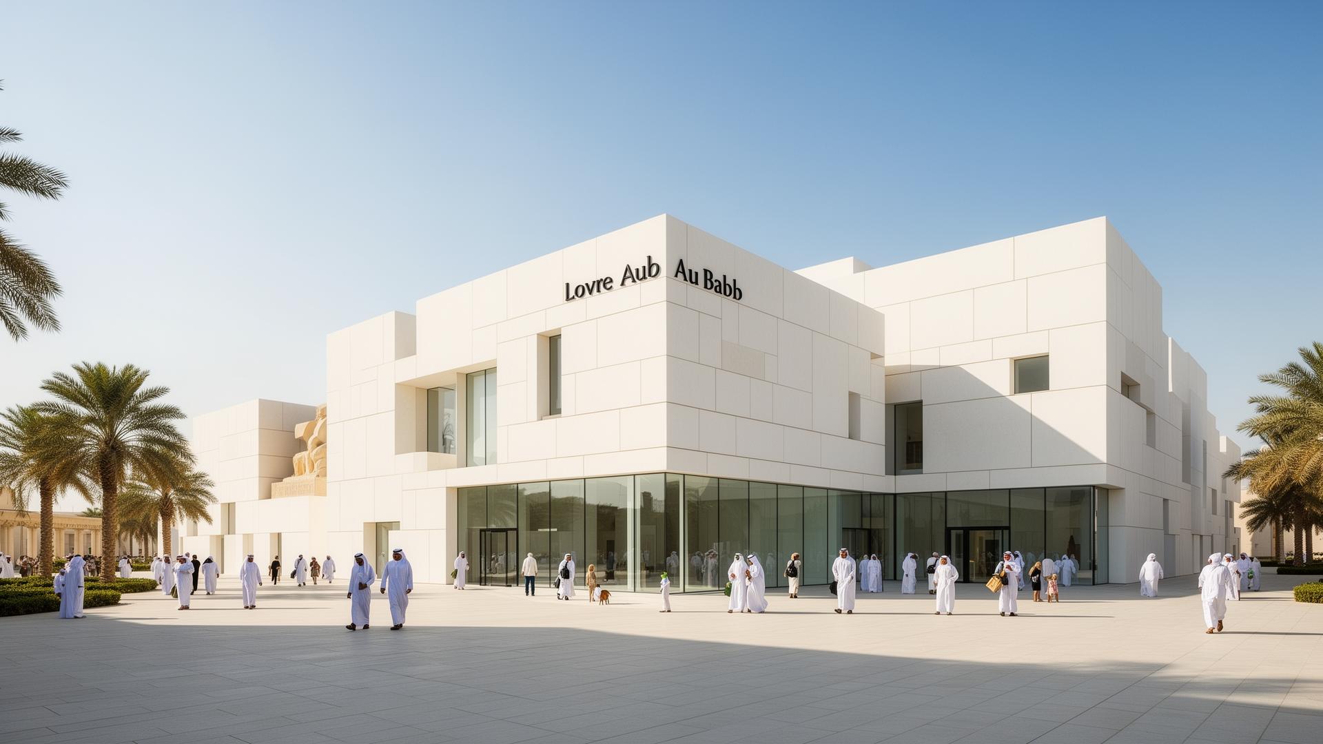 Louvre Abu Dhabi en het Saadiyat Cultural District op een heldere dag