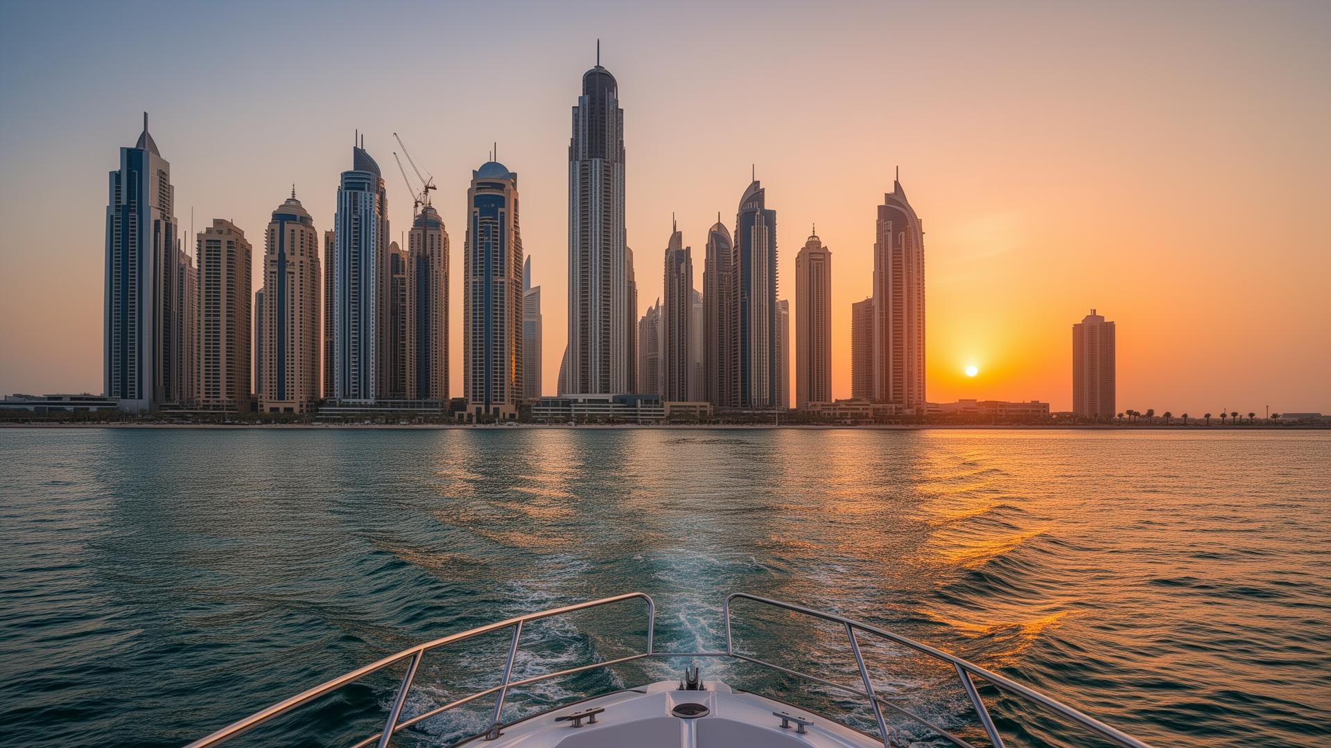 Skyline van Dubai Marina bij zonsondergang, gezien vanaf het water