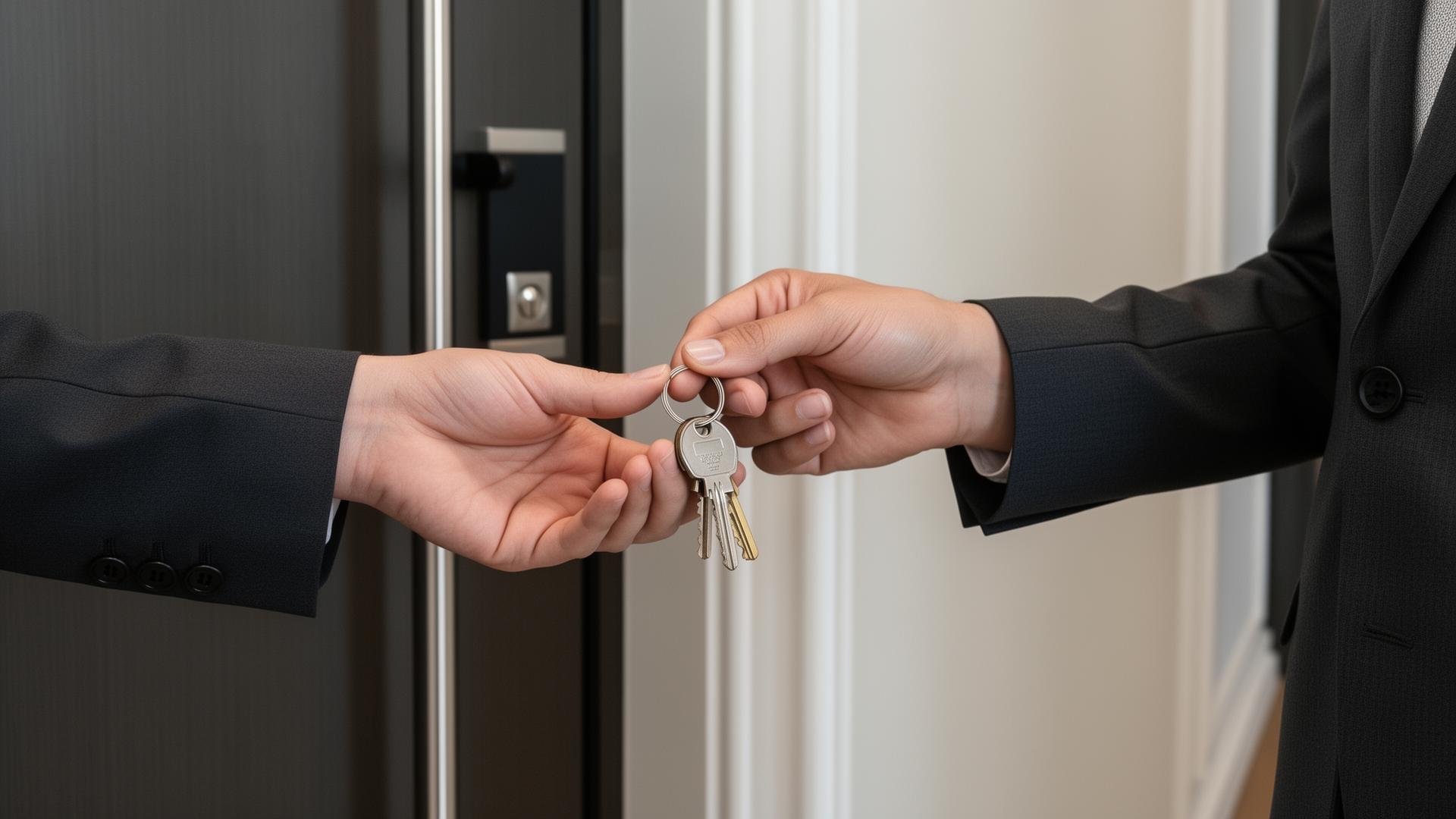Sleuteloverdracht bij een appartement door makelaars in pak