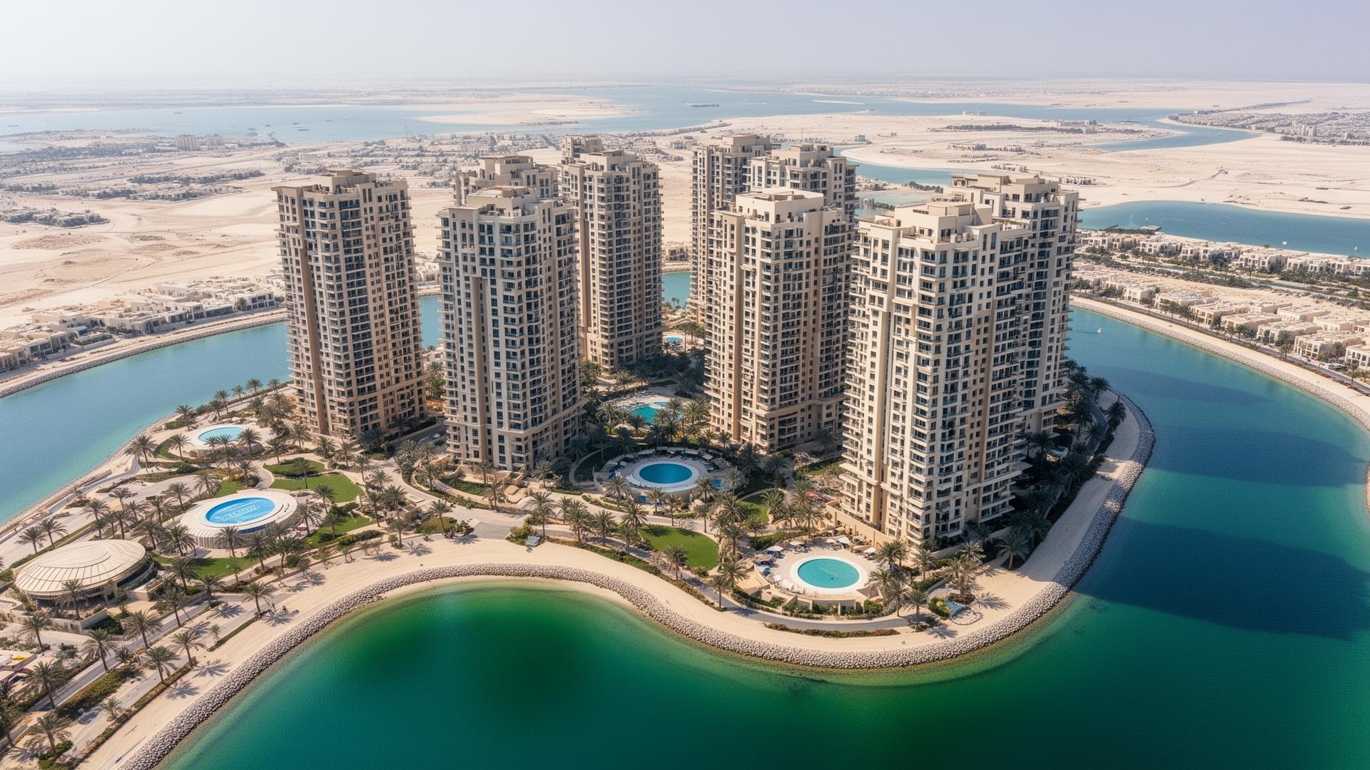 Luchtfoto van Al Reem Island met woontorens en kanalen