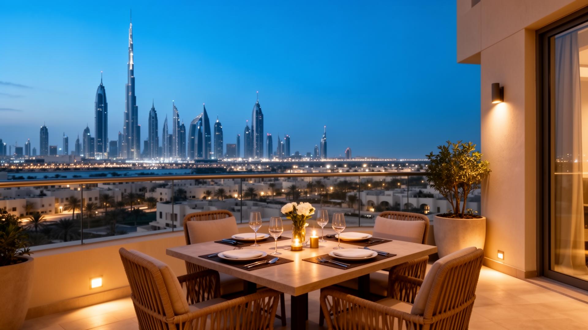 Luxe terras met gedekte tafel en uitzicht over de skyline in het blauwe uur