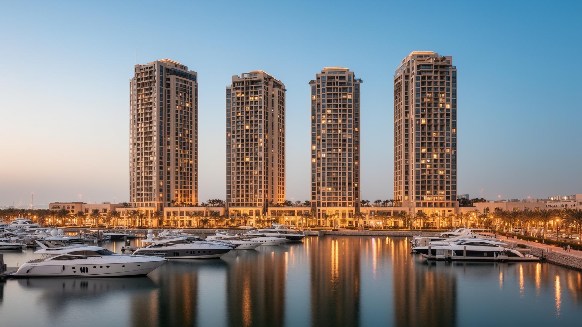 Yas Marina met residentiële torens en jachten bij schemering